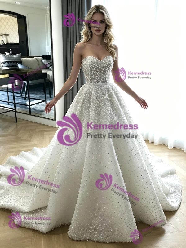 White Sequins Strapless Wedding Dress