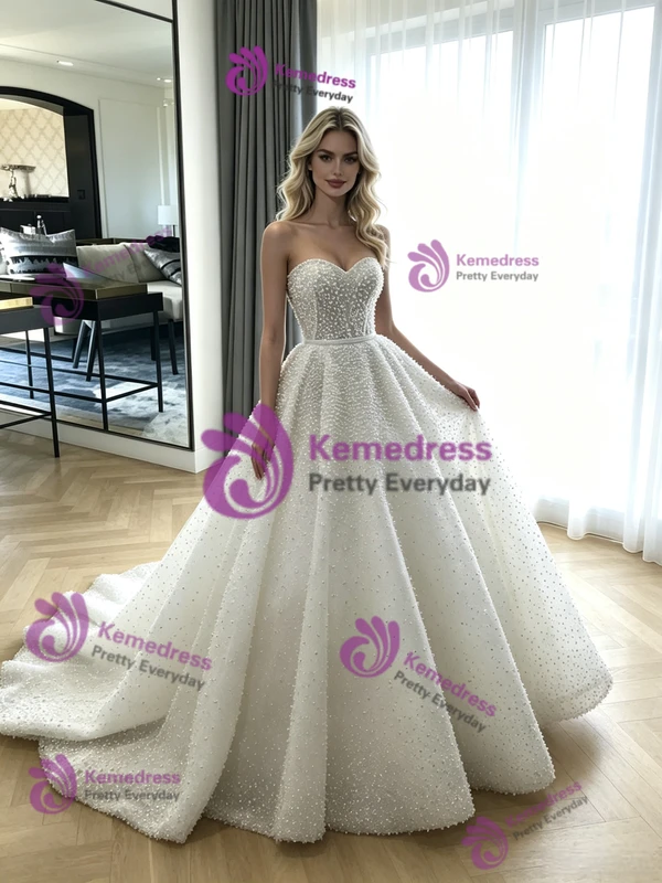 White Sequins Strapless Wedding Dress