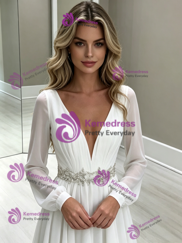 White Chiffon Long Sleeve Backless Wedding Dress
