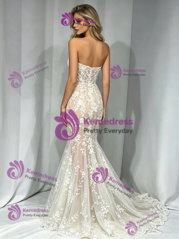 White Mermaid Lace Strapless Wedding Dress