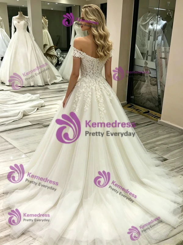 White Tulle Off the Shoulder Appliques Wedding Dress