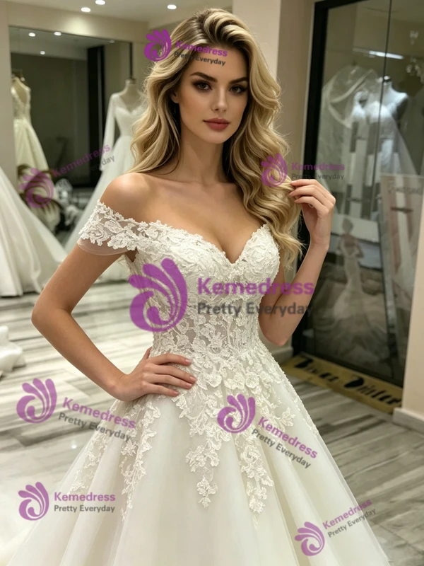 White Tulle Off the Shoulder Appliques Wedding Dress