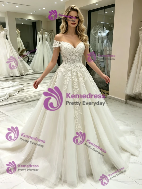 White Tulle Off the Shoulder Appliques Wedding Dress