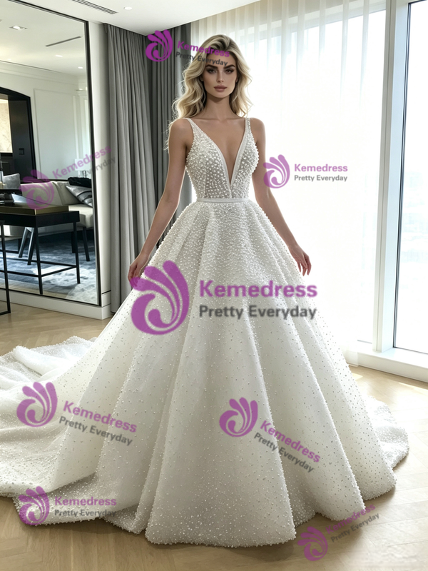 White Sequins V-neck Wedding Dress