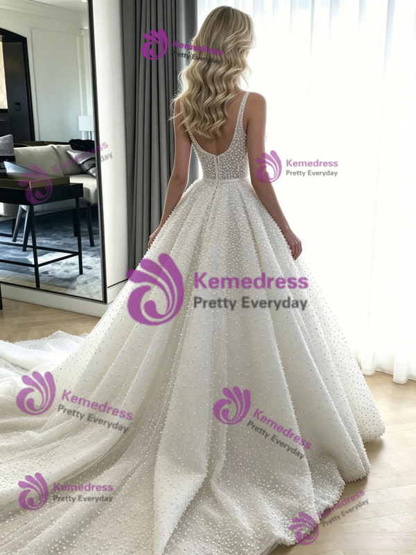 White Sequins V-neck Wedding Dress