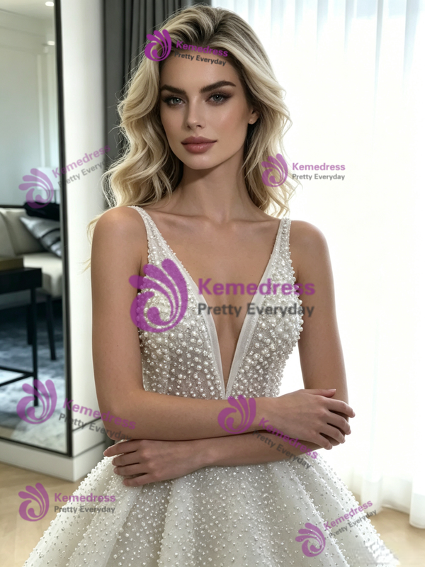 White Sequins V-neck Wedding Dress