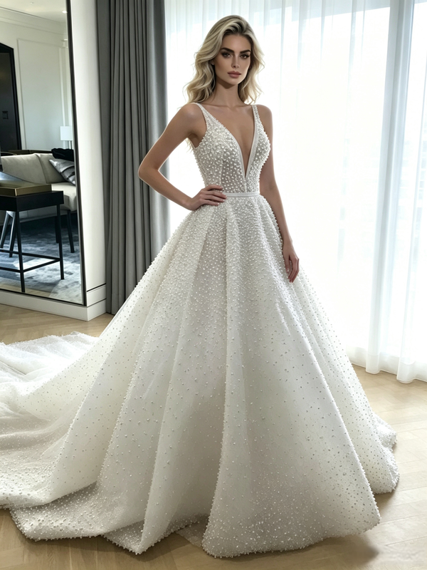 White Sequins V-neck Wedding Dress