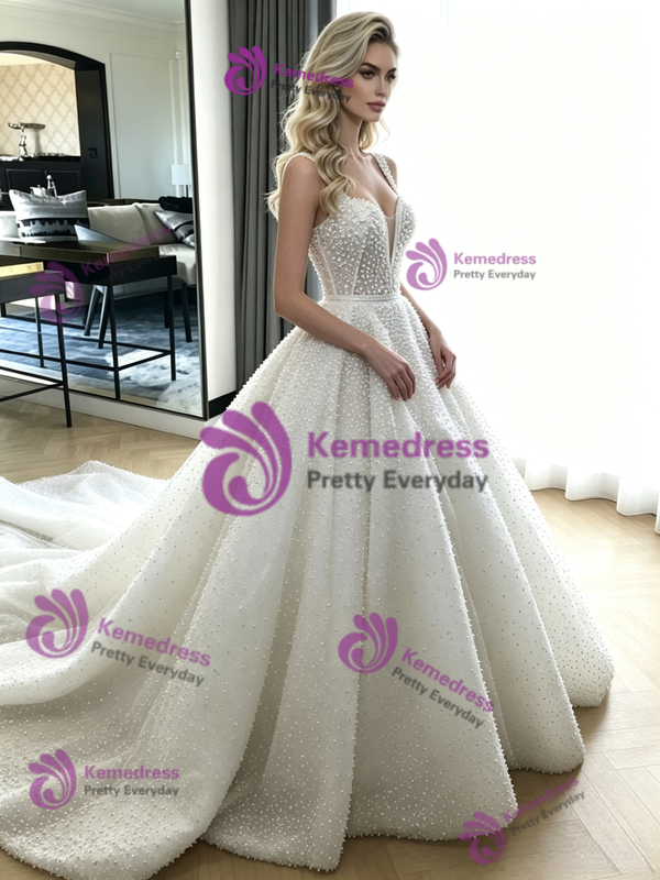 White Sequins Straps Wedding Dress