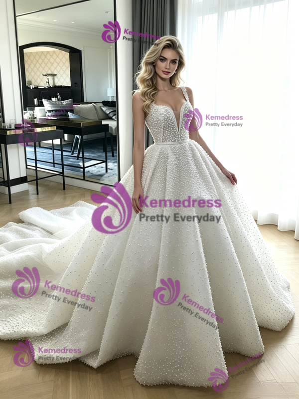White Sequins Straps Wedding Dress