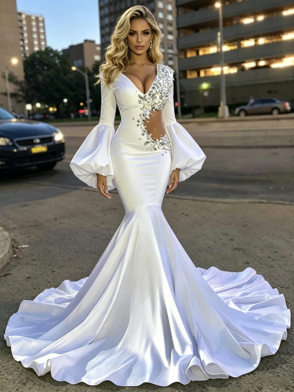White Mermaid V-neck Long Sleeve Prom Dress