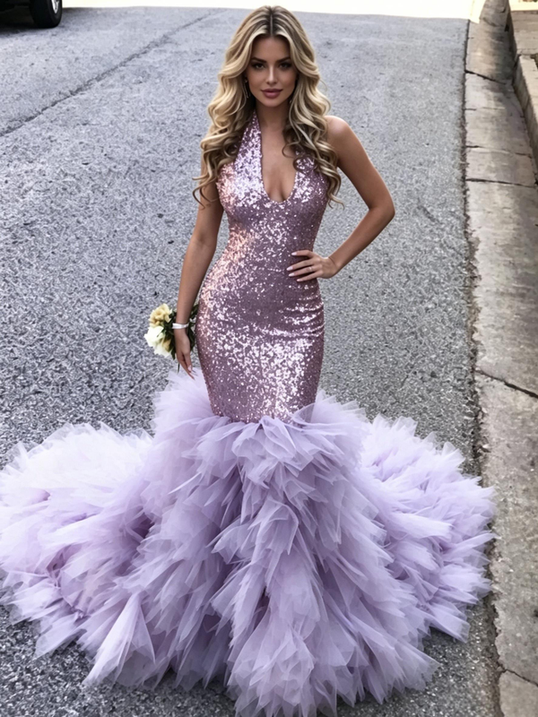 Purple Mermaid Sequins V-neck Prom Dress