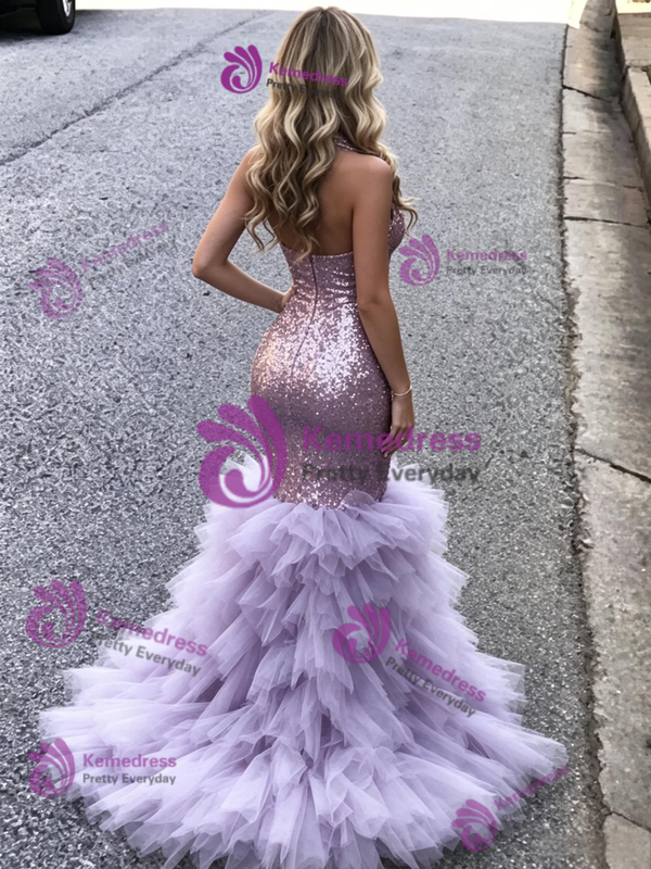Purple Mermaid Sequins V-neck Prom Dress