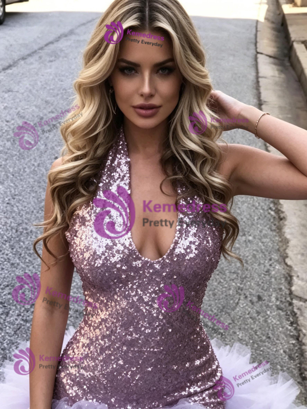 Purple Mermaid Sequins V-neck Prom Dress