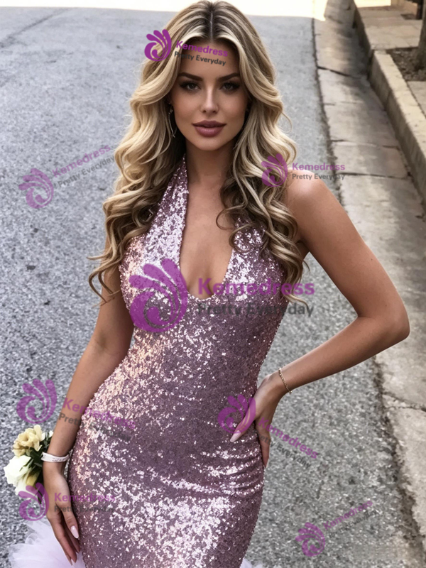Purple Mermaid Sequins V-neck Prom Dress
