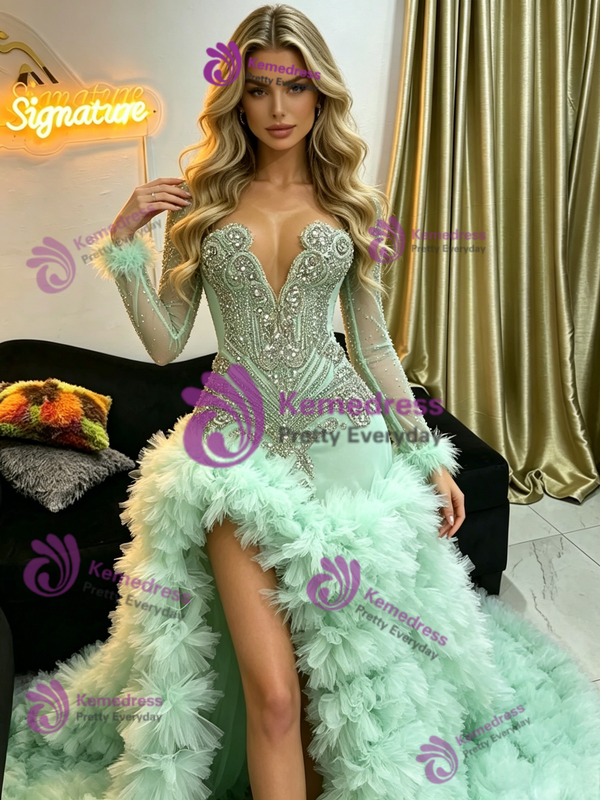 Green Tulle Long Sleeve Beading Prom Dress