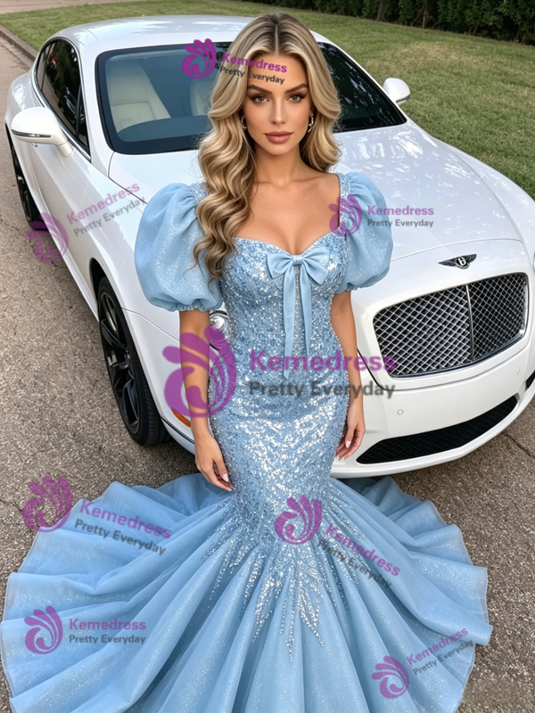 Blue Mermaid Sequins Puff Sleeve Prom Dress