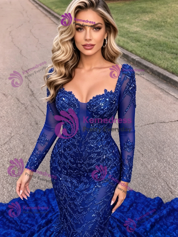 Blue Mermaid Long Sleeve Sequins Prom Dress
