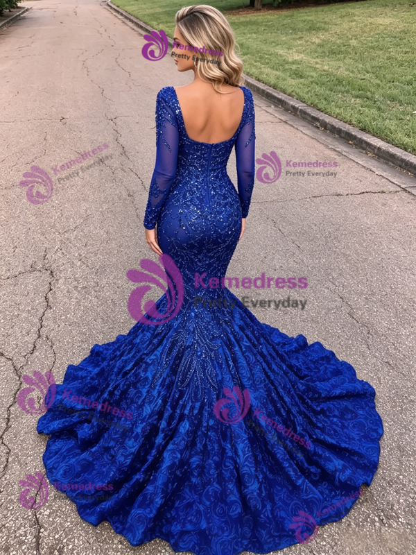 Blue Mermaid Long Sleeve Sequins Prom Dress