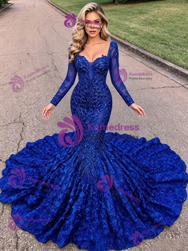 Blue Mermaid Long Sleeve Sequins Prom Dress