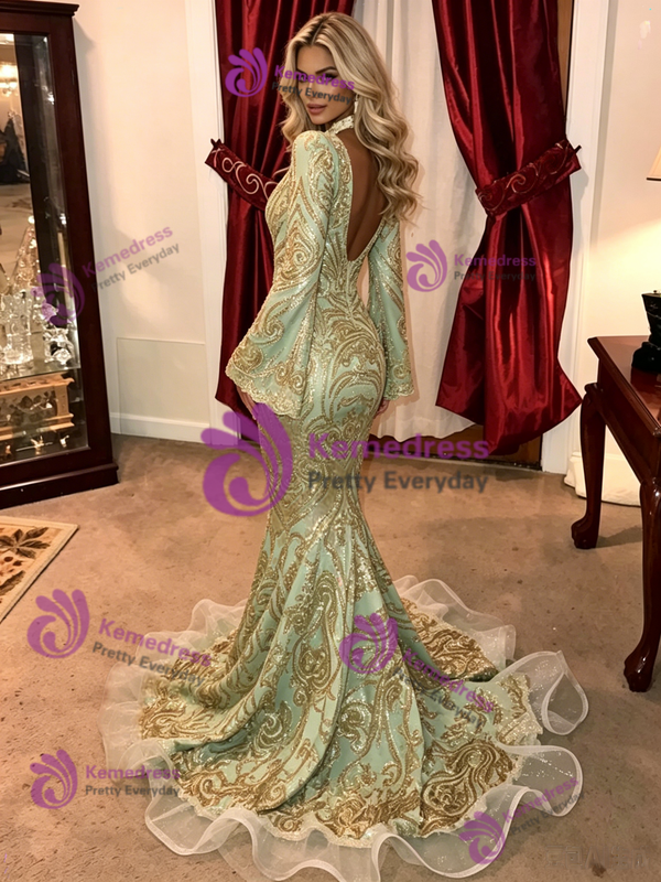 Green Mermaid Long Sleeve Sequins Prom Dress
