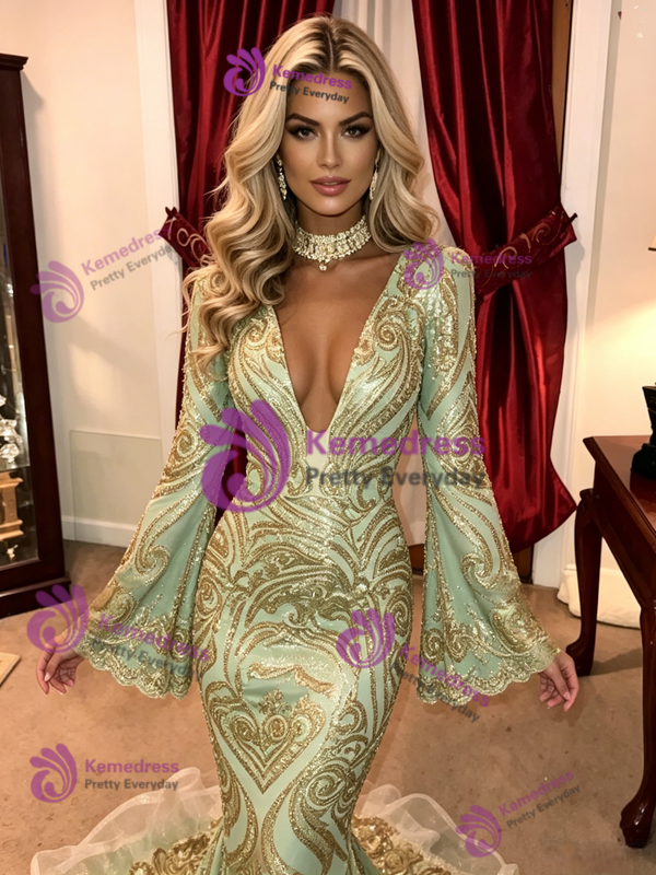 Green Mermaid Long Sleeve Sequins Prom Dress