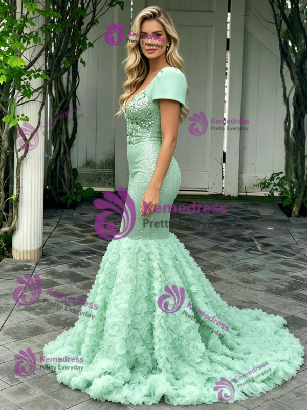 Green V-neck Short Sleeve Prom Dress