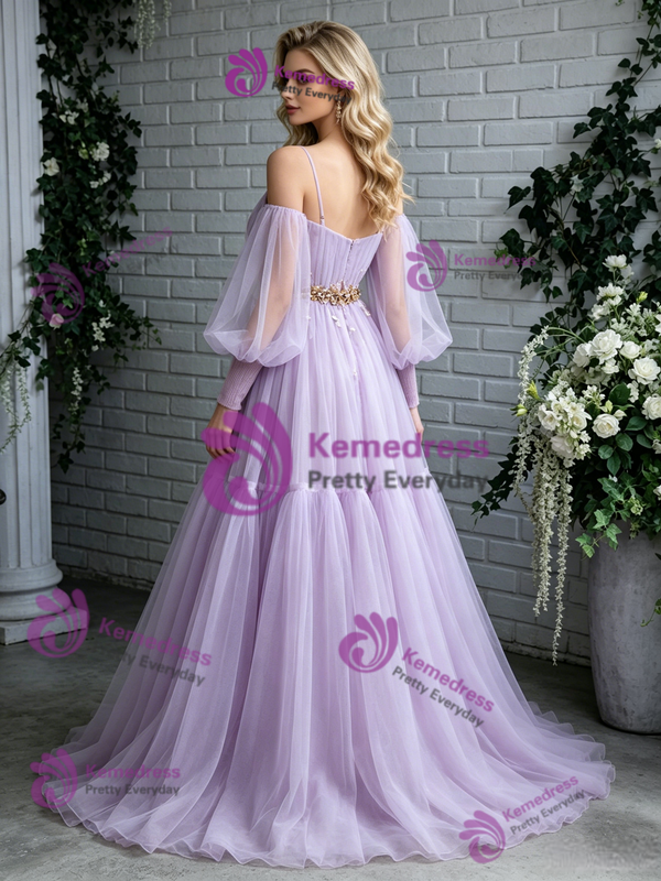 Purple Tulle Spaghetti Straps Short Sleeve Prom Dress