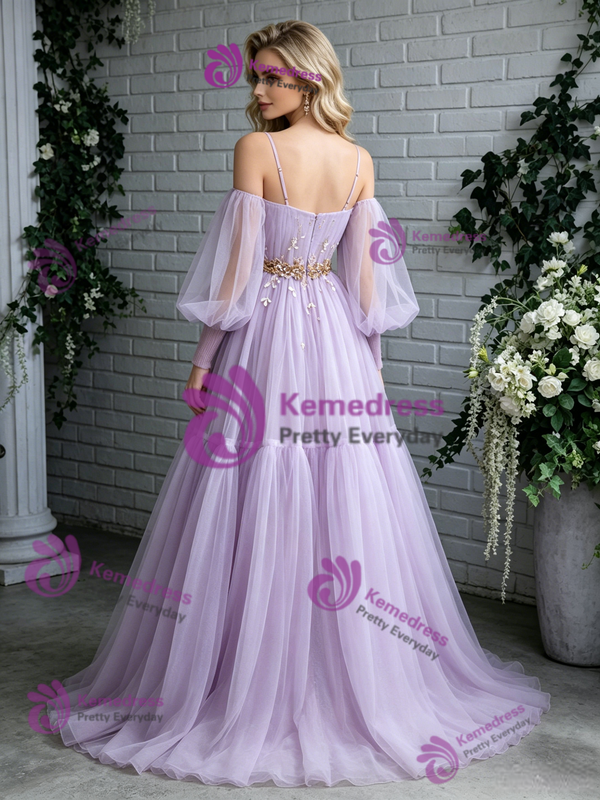 Purple Tulle Spaghetti Straps Short Sleeve Prom Dress