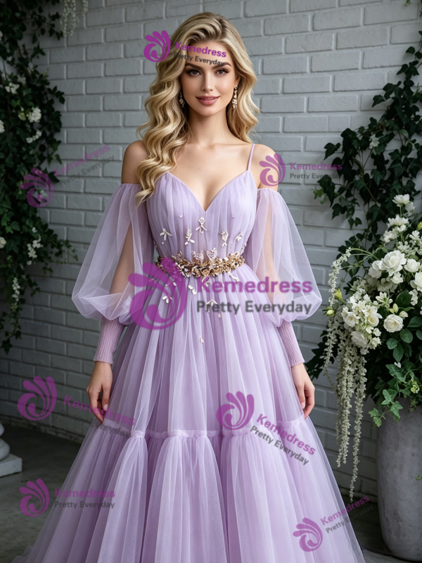 Purple Tulle Spaghetti Straps Short Sleeve Prom Dress