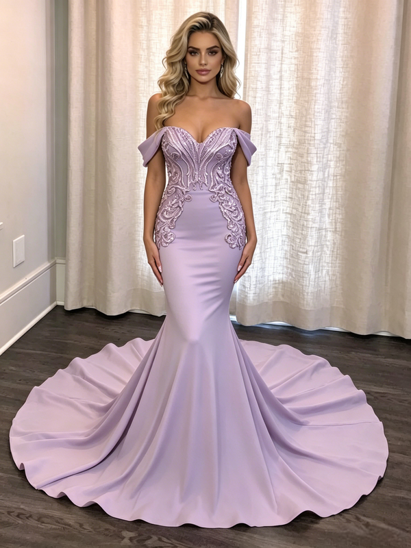 Purple Mermaid Off the Shoulder Sequins Prom Dress
