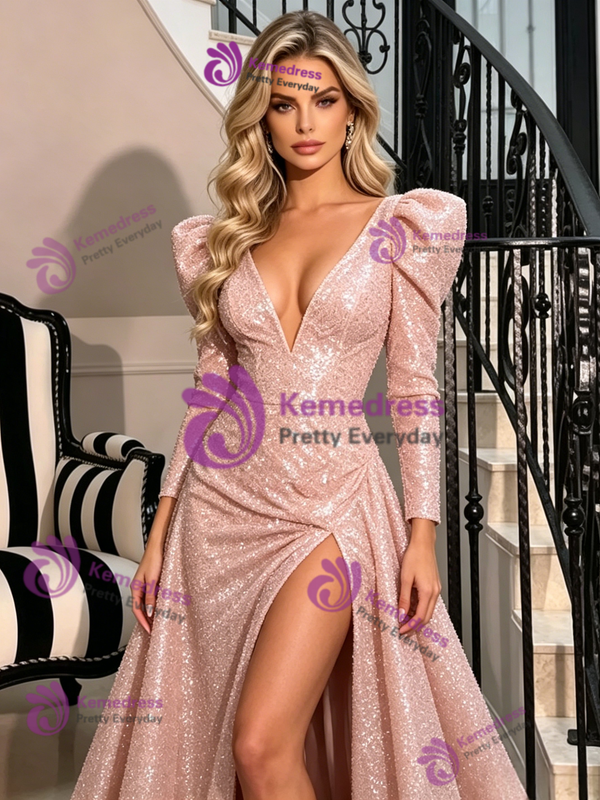 Pink Sequins Long Sleeve Split Prom Dress