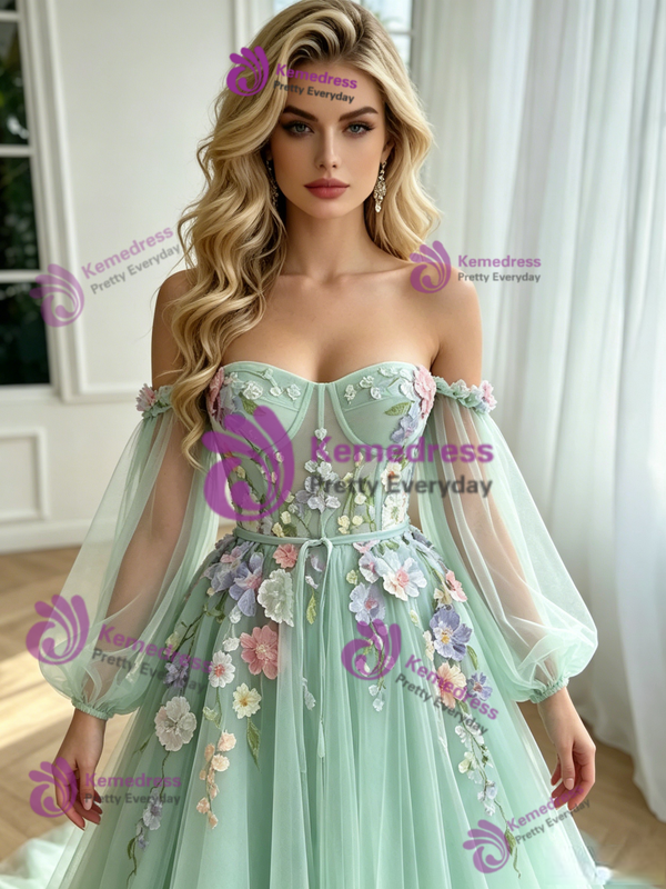 Green Tulle Long Sleeve Apliques Prom Dress