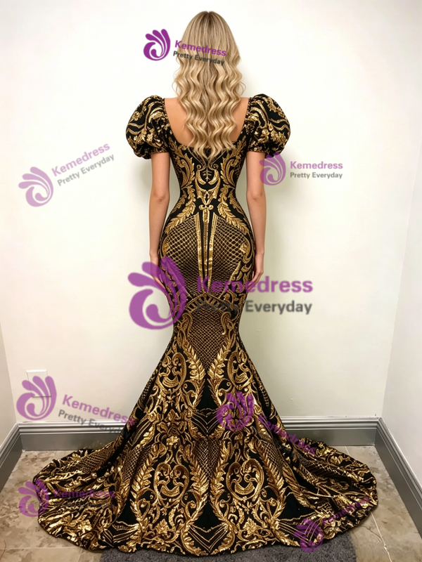 Black Mermaid Sequins Puff Sleeve Prom Dress