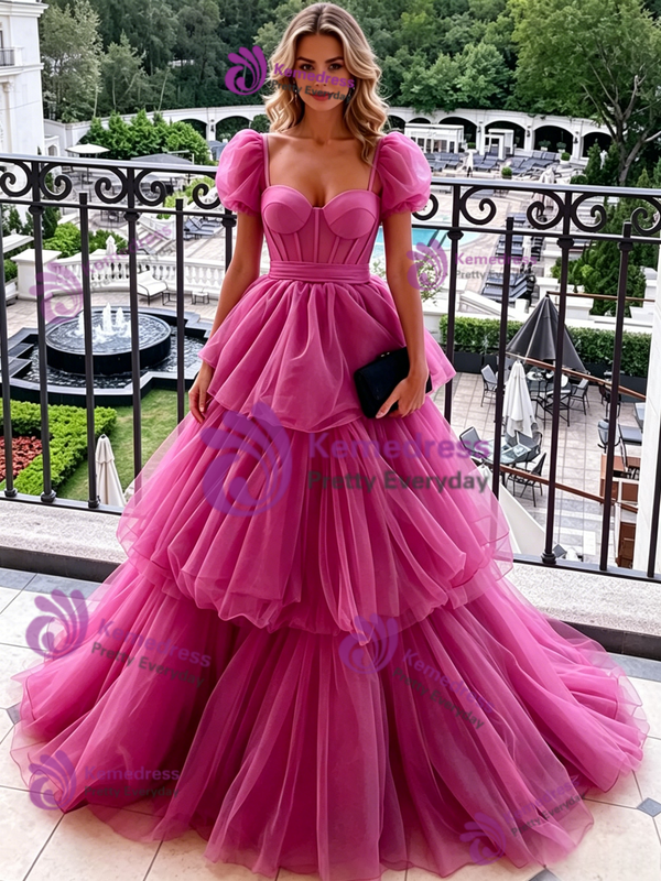 Fuchsia Tulle Puff Sleeve Prom Dress