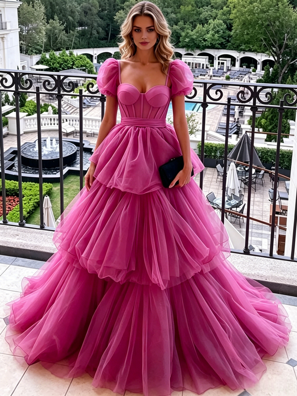 Fuchsia Tulle Puff Sleeve Prom Dress