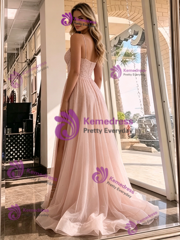 Pink Tulle Spaghetti Straps Prom Dress
