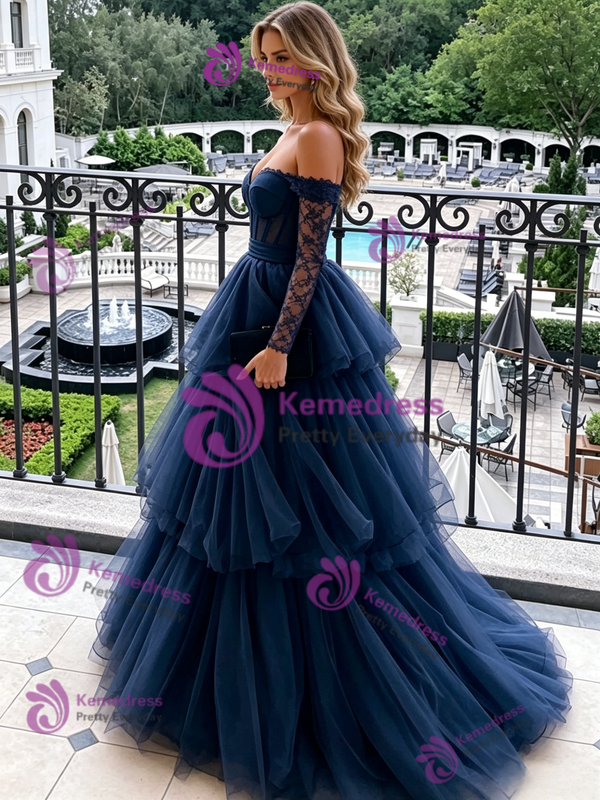 Navy Blue Tulle Long Sleeve Prom Dress