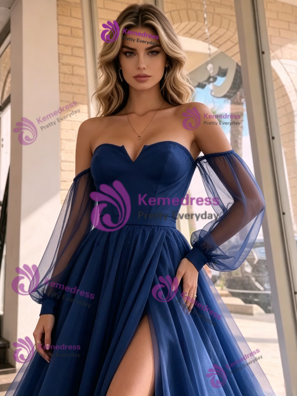Navy Blue Tulle Long Sleeve Prom Dress