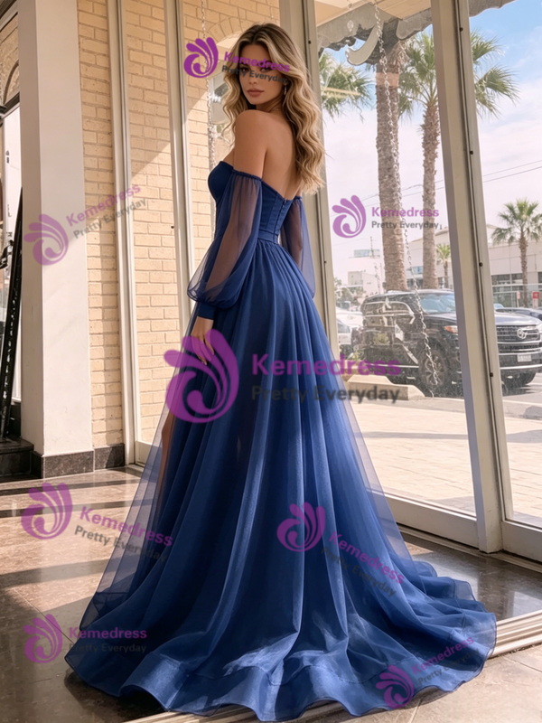 Navy Blue Tulle Long Sleeve Prom Dress