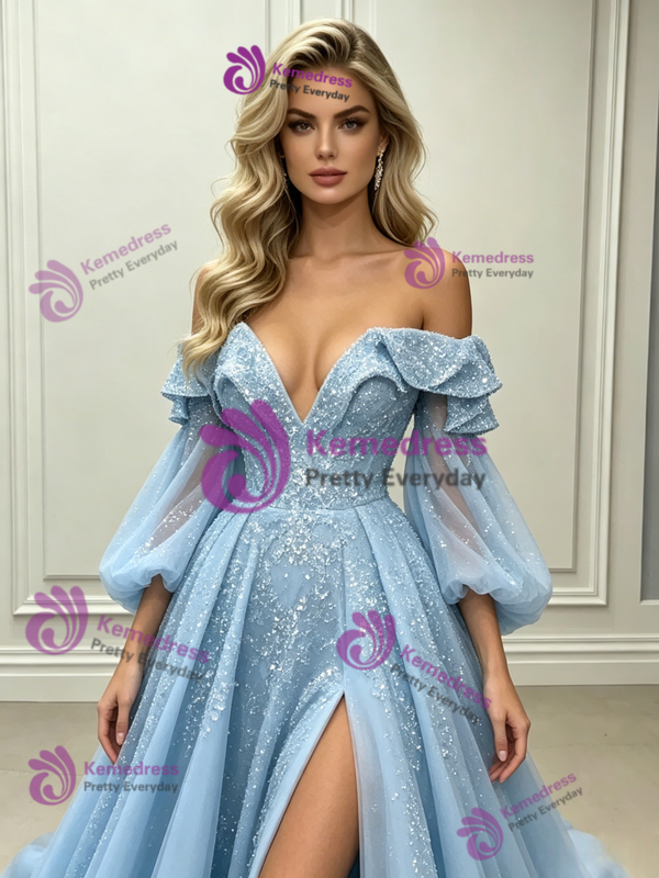 Light Blue Long Sleeve Sequins Prom Dress
