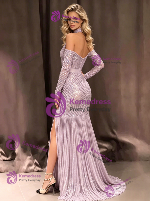 Purple Mermaid Sequins Long Sleeve Prom Dress