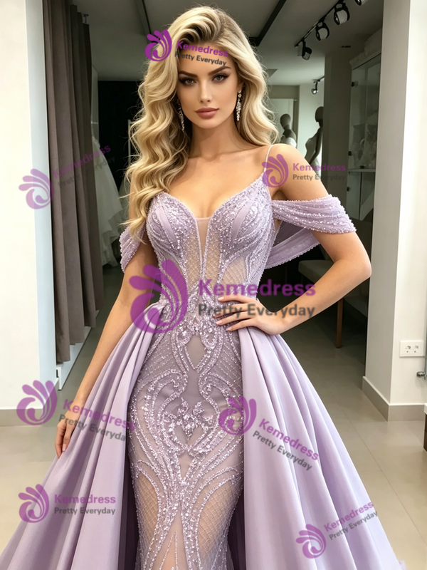 Purple Mermaid Sequins Straps Prom Dress