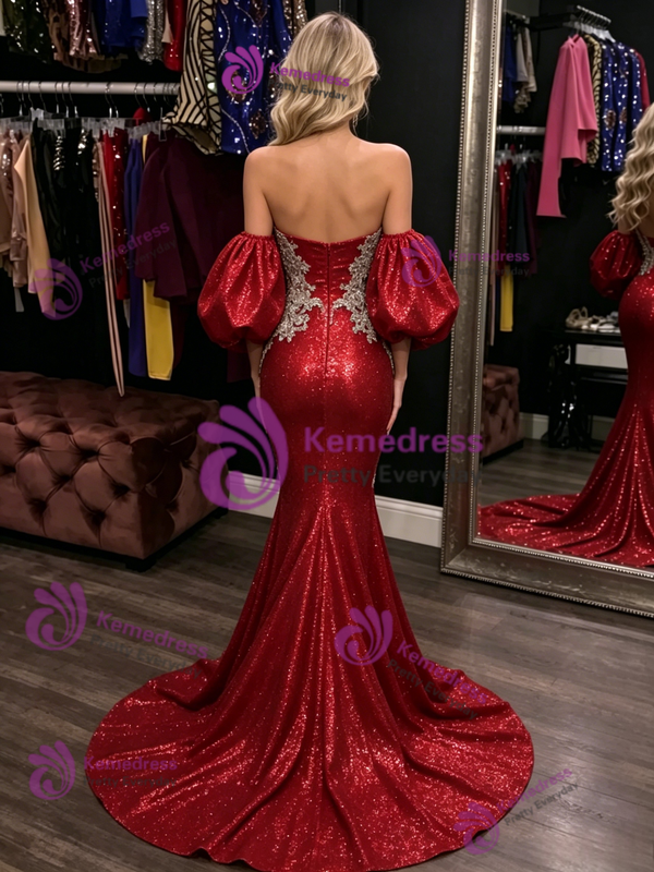 Mermaid Sequns Puff Sleeve Appliques Prom Dress