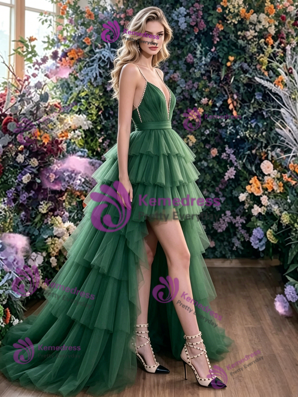 Green Tulle Hi Lo Straps Prom Dress