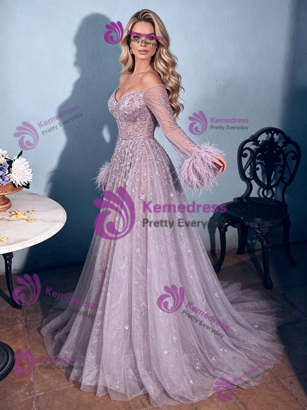 Purple Long Sleeve Off the Shoulder Prom Dress