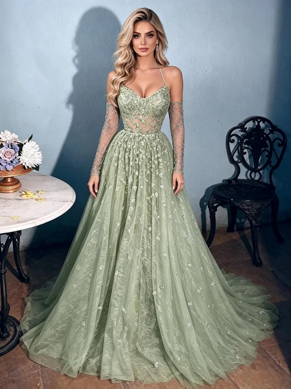 Green Lace Sequins Straps Prom Dress