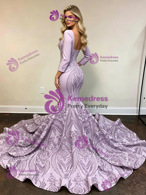 Purple Mermaid Long Sleeve Sequins Prom Dress