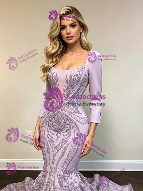 Purple Mermaid Long Sleeve Sequins Prom Dress