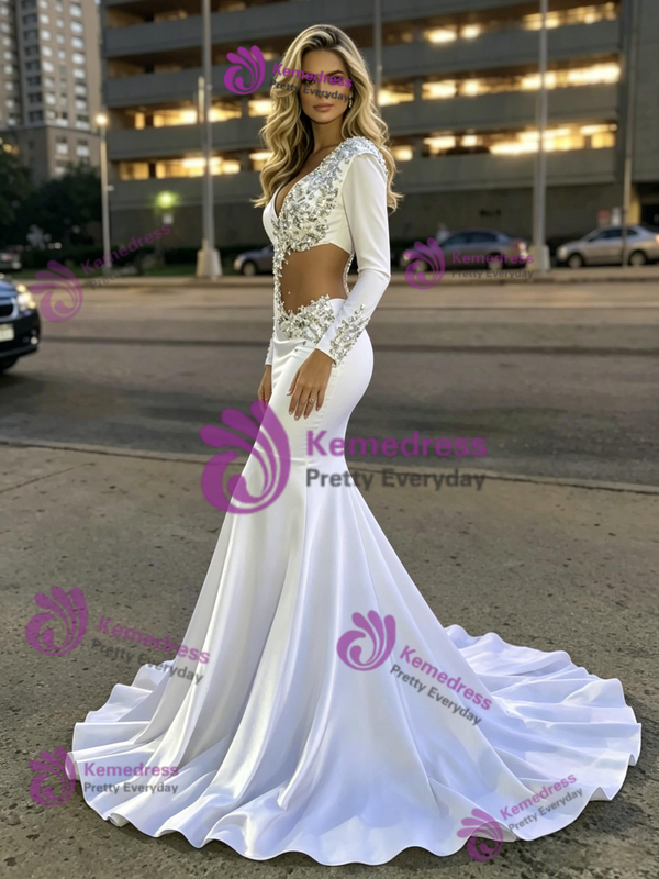 White Mermaid V-neck Long Sleeve Crystal Prom Dress