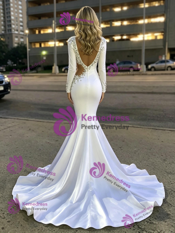 White Mermaid V-neck Long Sleeve Crystal Prom Dress